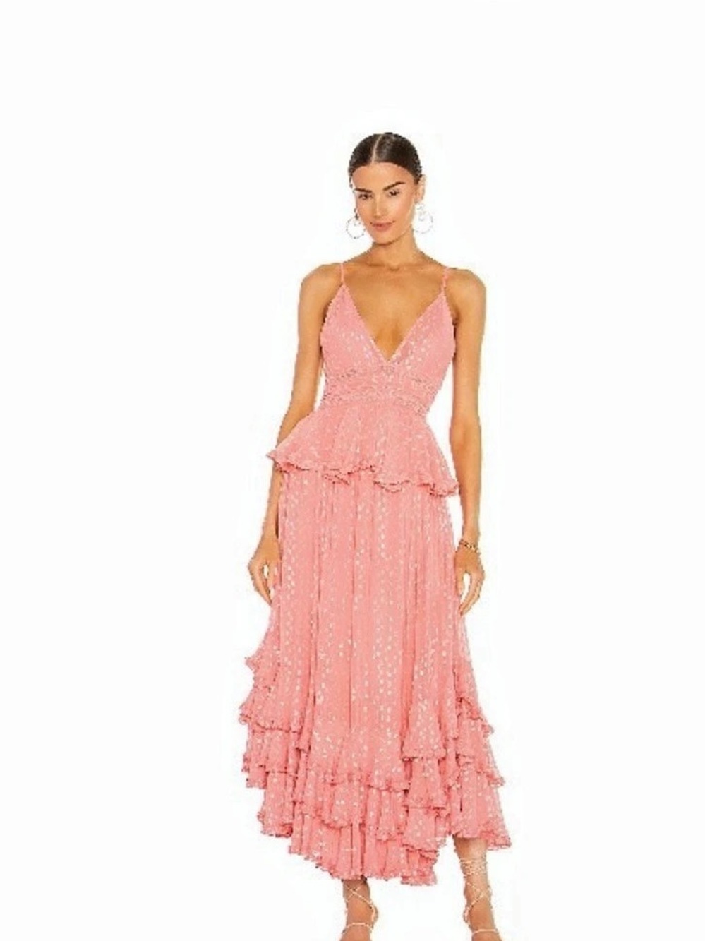 Rococo Sand Metallic Dot Tiered Ruffle Maxi Dress Pink Small